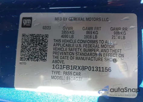 2023 Chevrolet Camaro Rwd 1Ls из США, поврежденный, VIN 1G1FB1RX8P0131156